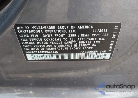 2014 Volkswagen Passat 1.8T Wolfsburg Edition z USA, uszkodzony, nr VIN 1VWAT7A37EC045145